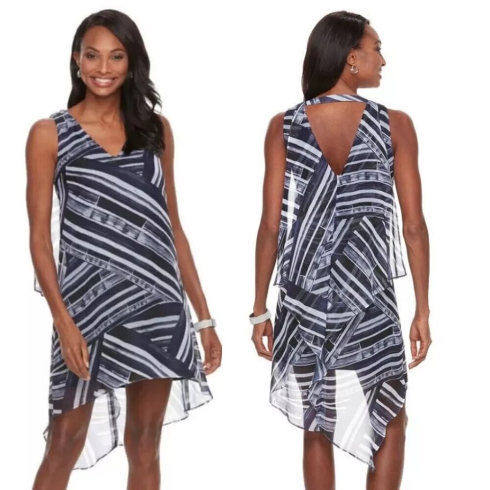 NWT New Dana Buchman Blue and White Asymmetrical Hem Dress Size 8